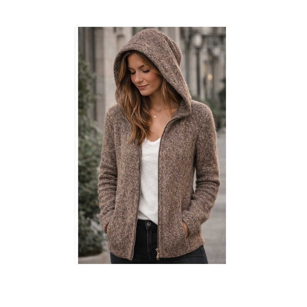 Cambridge Dry‎ Goods Alpaca Blend Hooded Zip Cardigan Brown Minimalist Knit Sz L